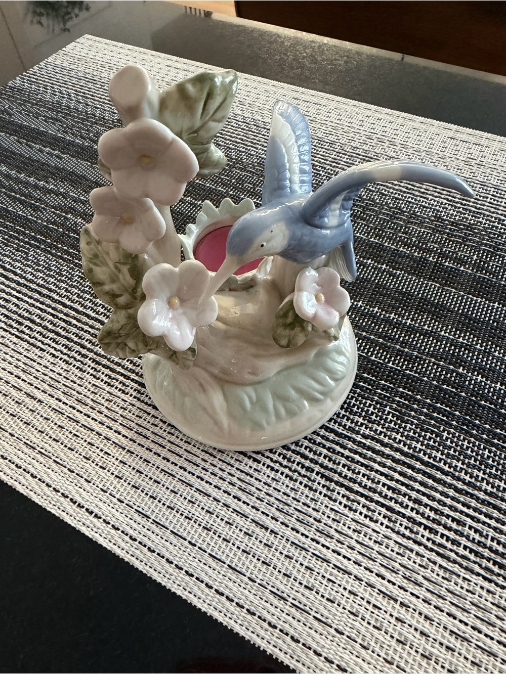 Vintage Porcelain Hummingbird Floral Candle Holder - Blue, White & Green